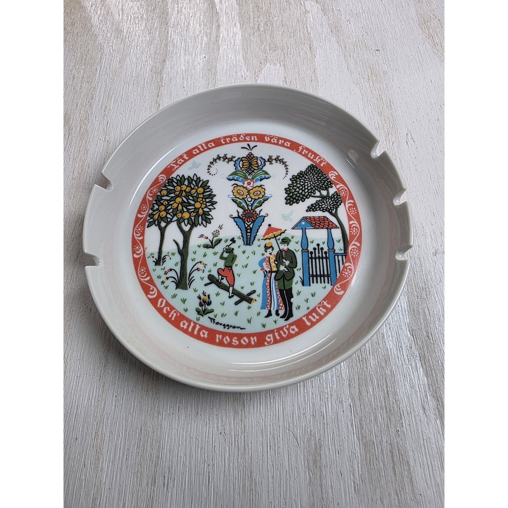 Vintage Berggren Swedish Folk Art Ceramic Ashtray Kurbits Cottagecore 7.25"